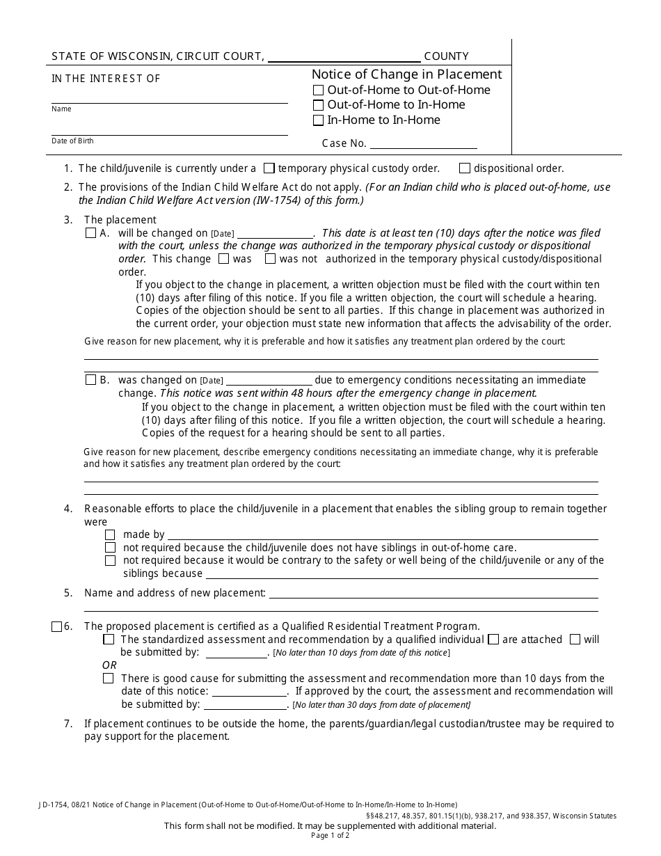 Form JD-1754 Notice of Change in Placement - out-Of-Home to out-Of-Home / Out-Of-Home to in-Home / In-home to in-Home - Wisconsin, Page 1