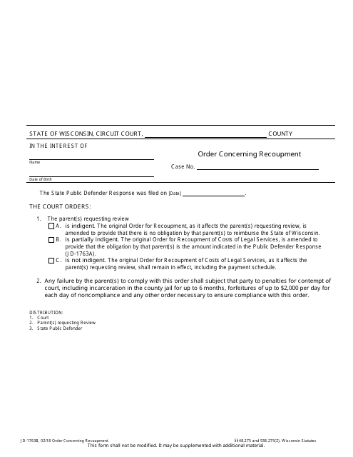 Form JD-1763B Order Concerning Recoupment - Wisconsin