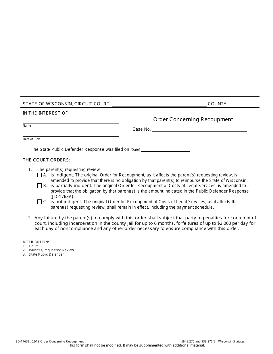 Form JD-1763B Order Concerning Recoupment - Wisconsin, Page 1