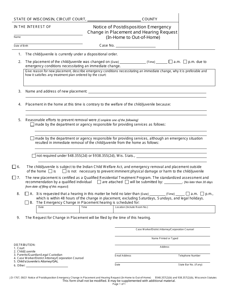 Form JD-1767 Notice of Postdisposition Emergency Change in Placement and Hearing Request (In-home to out-Of-Home) - Wisconsin, Page 1