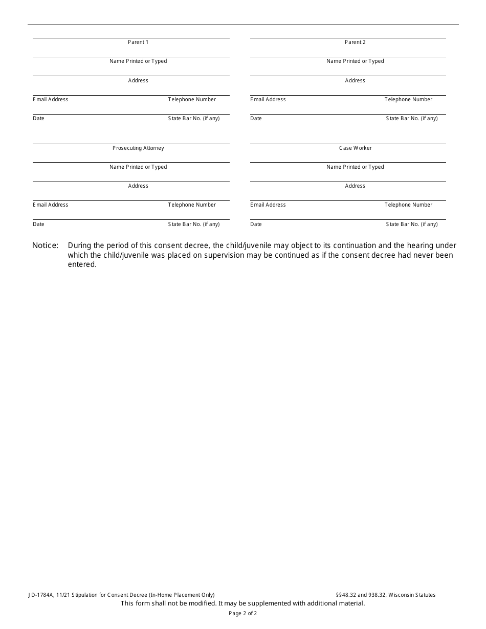 Form JD-1784A Stipulation for Consent Decree (In-home Placement Only) - Wisconsin, Page 2