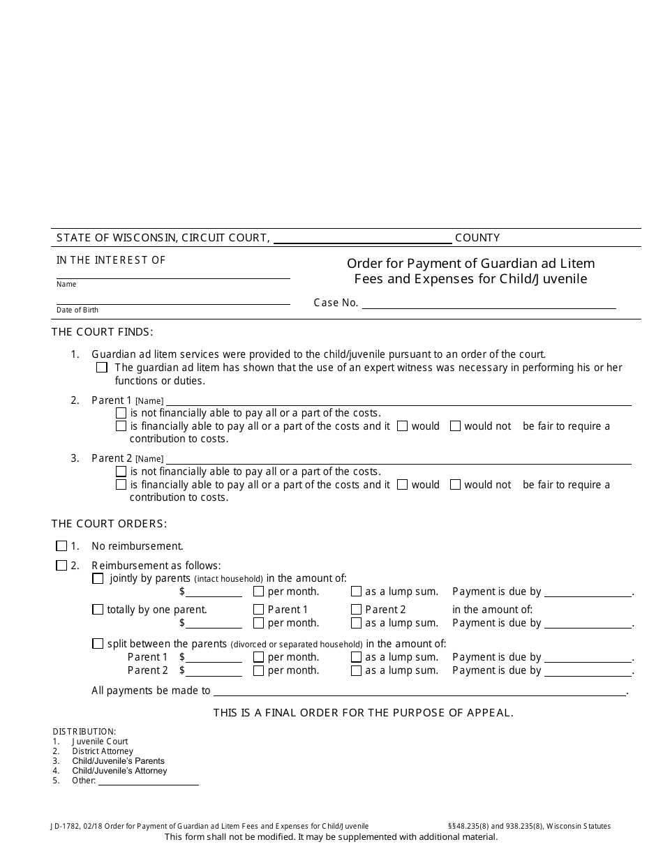 Form JD-1782 Order for Payment of Guardian Ad Litem Fees and Expenses for Child / Juvenile - Wisconsin, Page 1