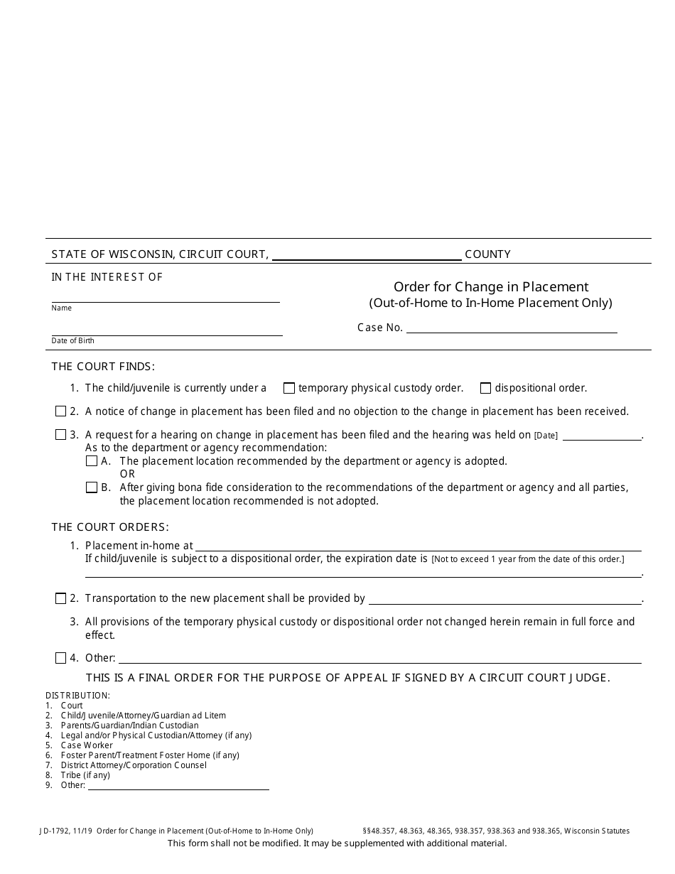 Form JD-1792 Order for Change in Placement (Out-Of-Home to in-Home Placement Only) - Wisconsin, Page 1
