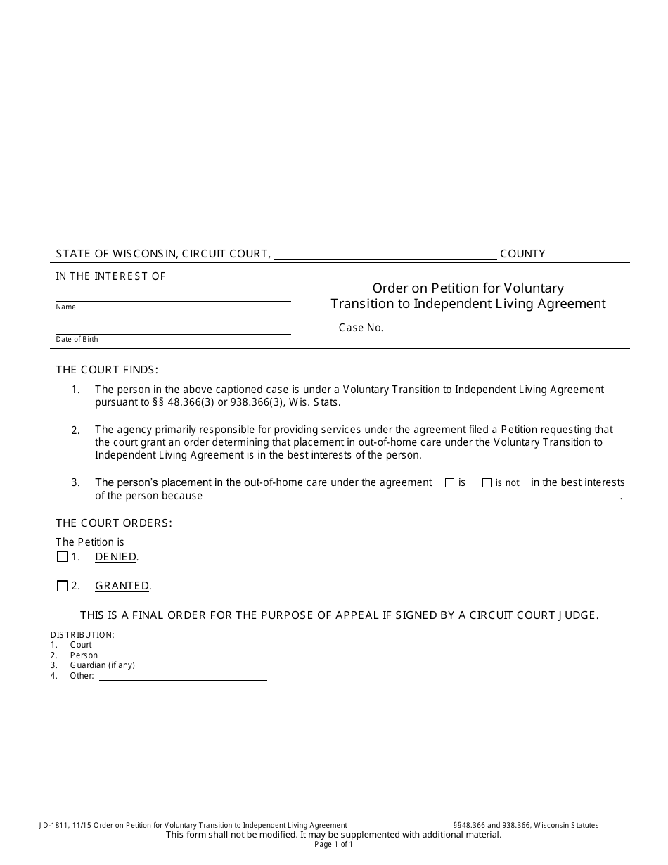 Form JD-1811 Order on Petition for Voluntary Transition to Independent Living Agreement - Wisconsin, Page 1