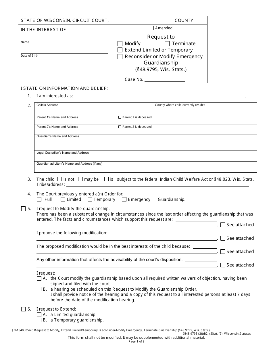 Form JN-1540 Request to Modify / Terminate / Extend Limited or Temporary / Reconsider or Modify Emergency Guardianship (48.9795, Wis. Stats.) - Wisconsin, Page 1