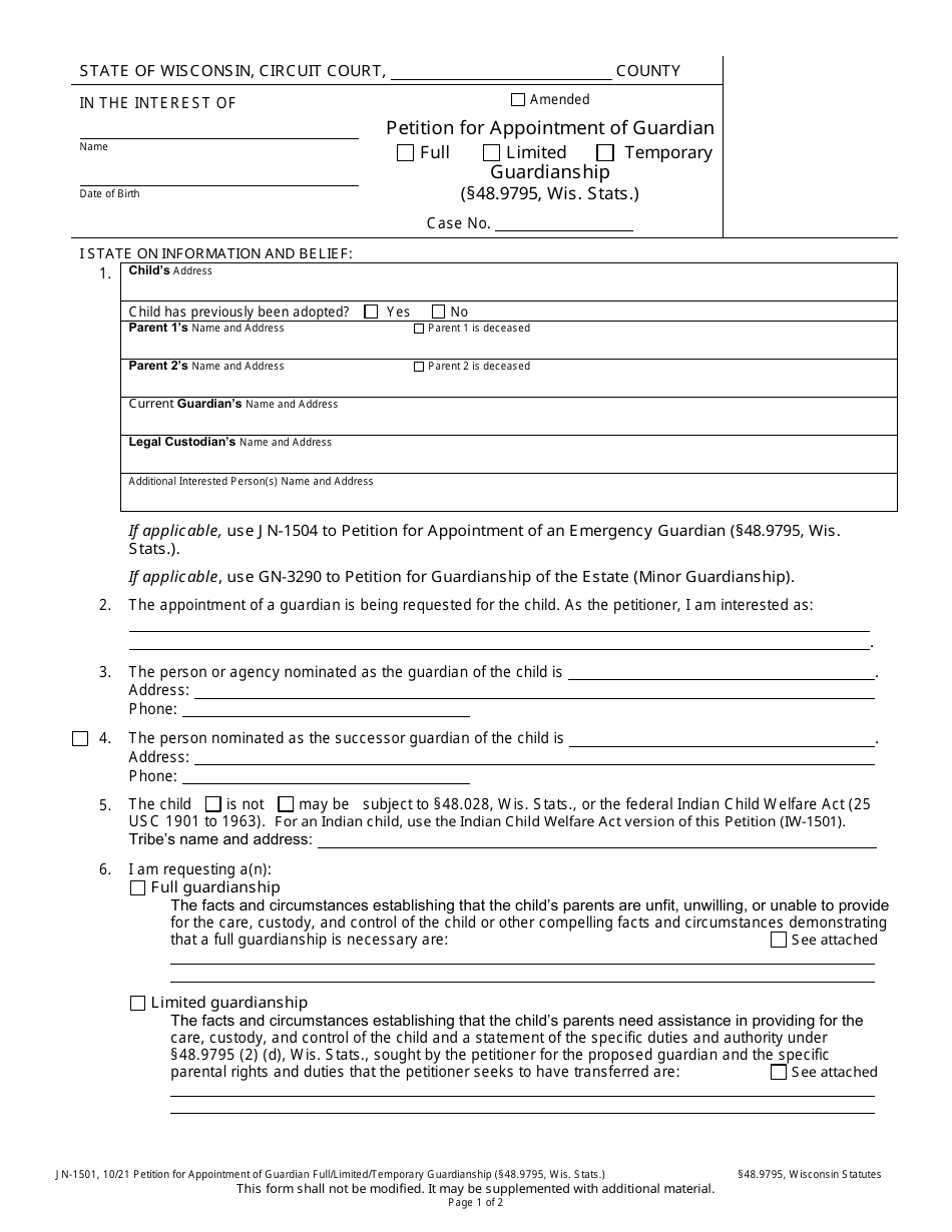 Form JN-1501 Petition for Appointment of Guardian Full / Limited / Temporary Guardianship (48.9795 Wis. Stats.) - Wisconsin, Page 1