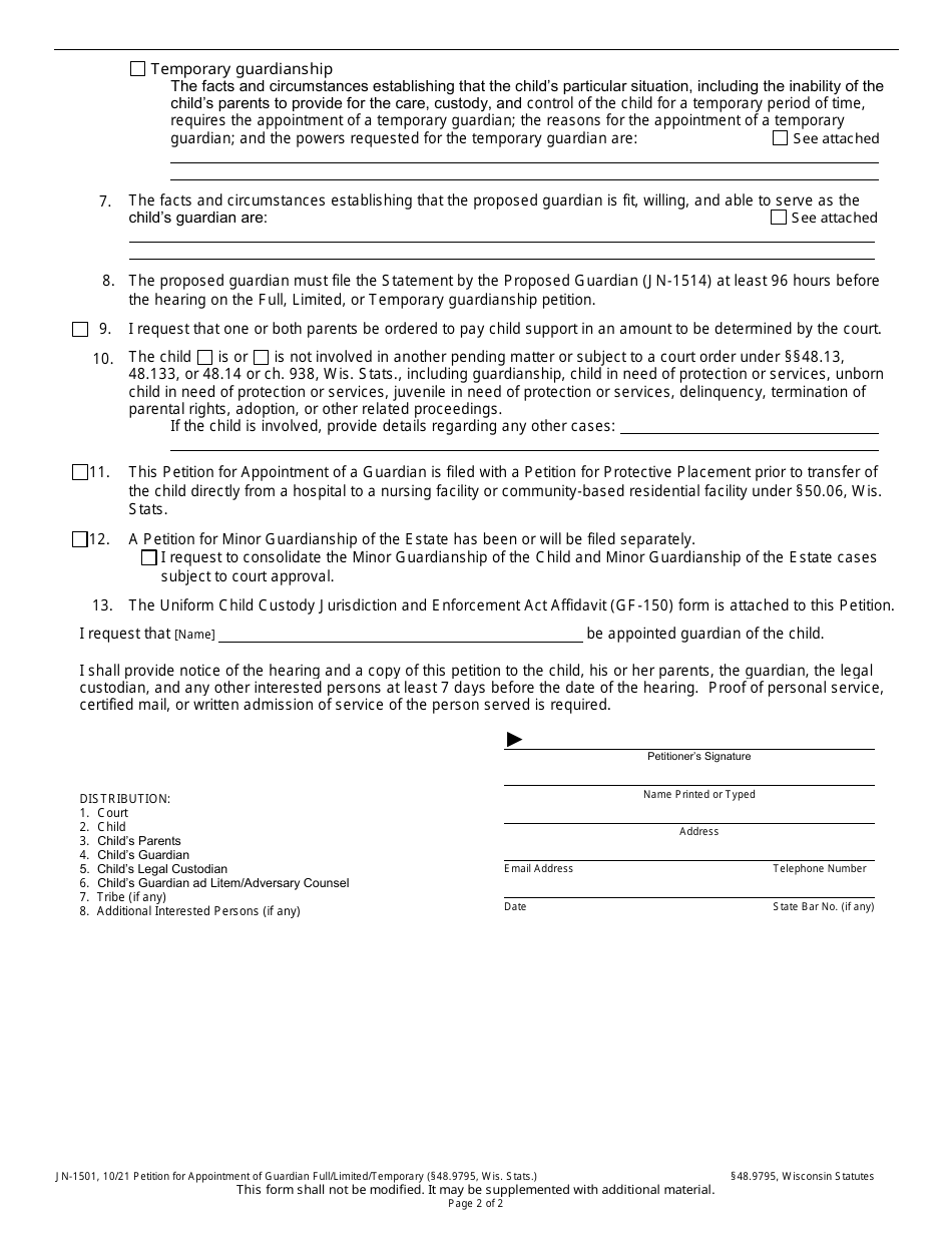 Form JN-1501 Petition for Appointment of Guardian Full / Limited / Temporary Guardianship (48.9795 Wis. Stats.) - Wisconsin, Page 2