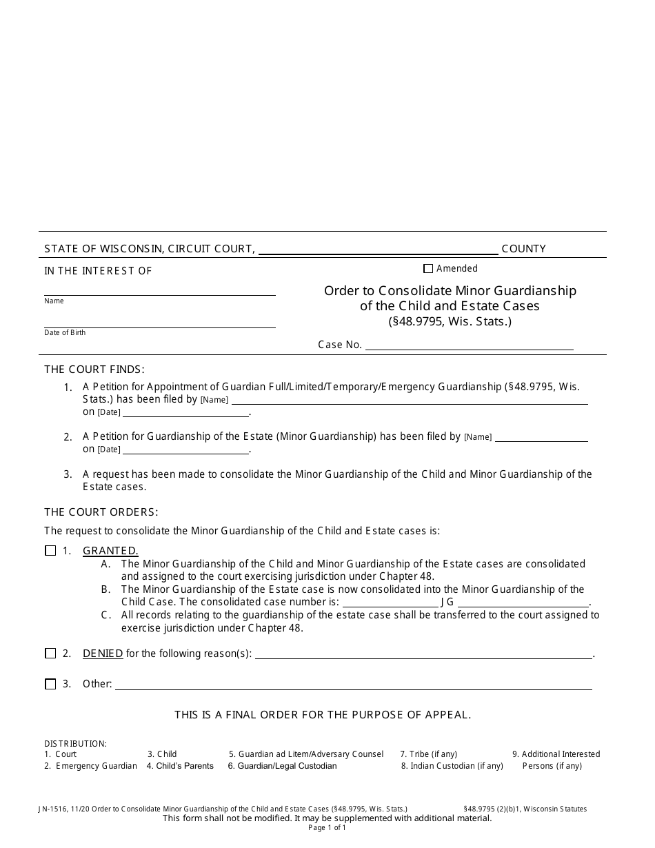 Form JN-1516 Order to Consolidate Minor Guardianship of the Child and Estate Cases - Wisconsin, Page 1