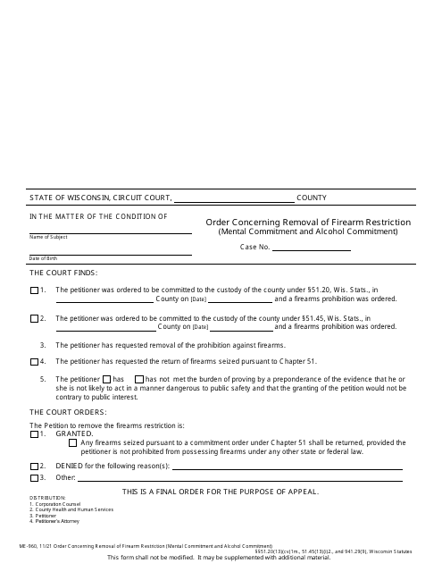 Form ME-960 Order Concerning Removal of Firearm Restriction (Mental Commitment and Alcohol Commitment) - Wisconsin