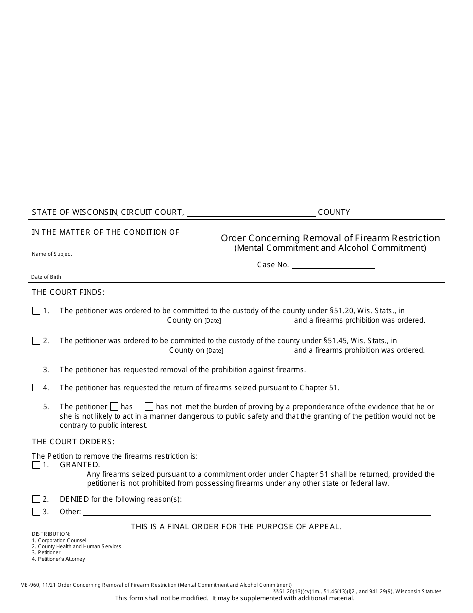 Form ME-960 Order Concerning Removal of Firearm Restriction (Mental Commitment and Alcohol Commitment) - Wisconsin, Page 1
