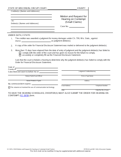 Form SC-507A Motion and Request for Hearing on Contempt (Small Claims) - Wisconsin