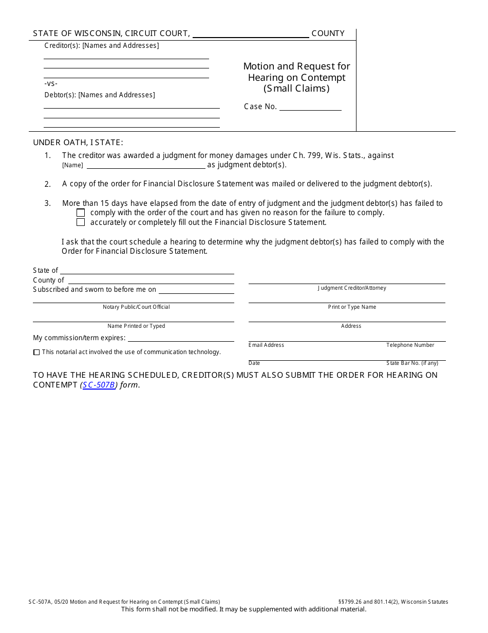 Form SC-507A Motion and Request for Hearing on Contempt (Small Claims) - Wisconsin, Page 1