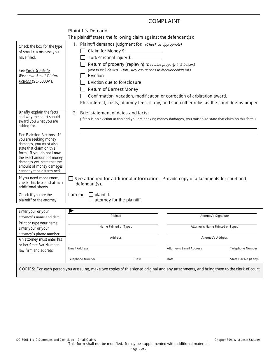 Form SC-500I Summons and Complaint (Small Claims) - Wisconsin, Page 2