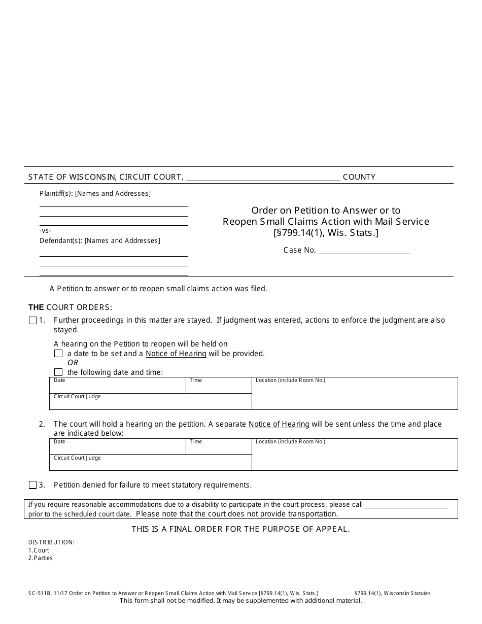 Form SC-511B Order on Petition to Answer or to Reopen Small Claims Action With Mail Service - Wisconsin, Page 1