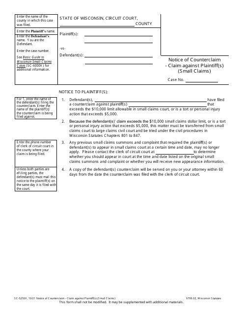 Form SC-5250V Notice of Counterclaim - Claim Against Plaintiff(S) (Small Claims) - Wisconsin