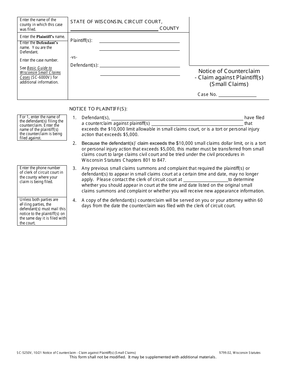 Form SC-5250V Notice of Counterclaim - Claim Against Plaintiff(S) (Small Claims) - Wisconsin, Page 1
