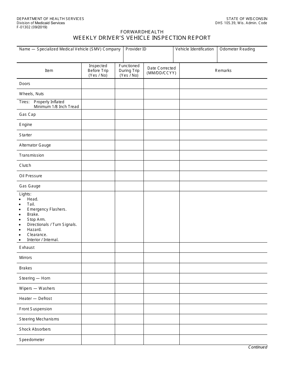 Form F-01302 Weekly Drivers Vehicle Inspection Report - Wisconsin, Page 1