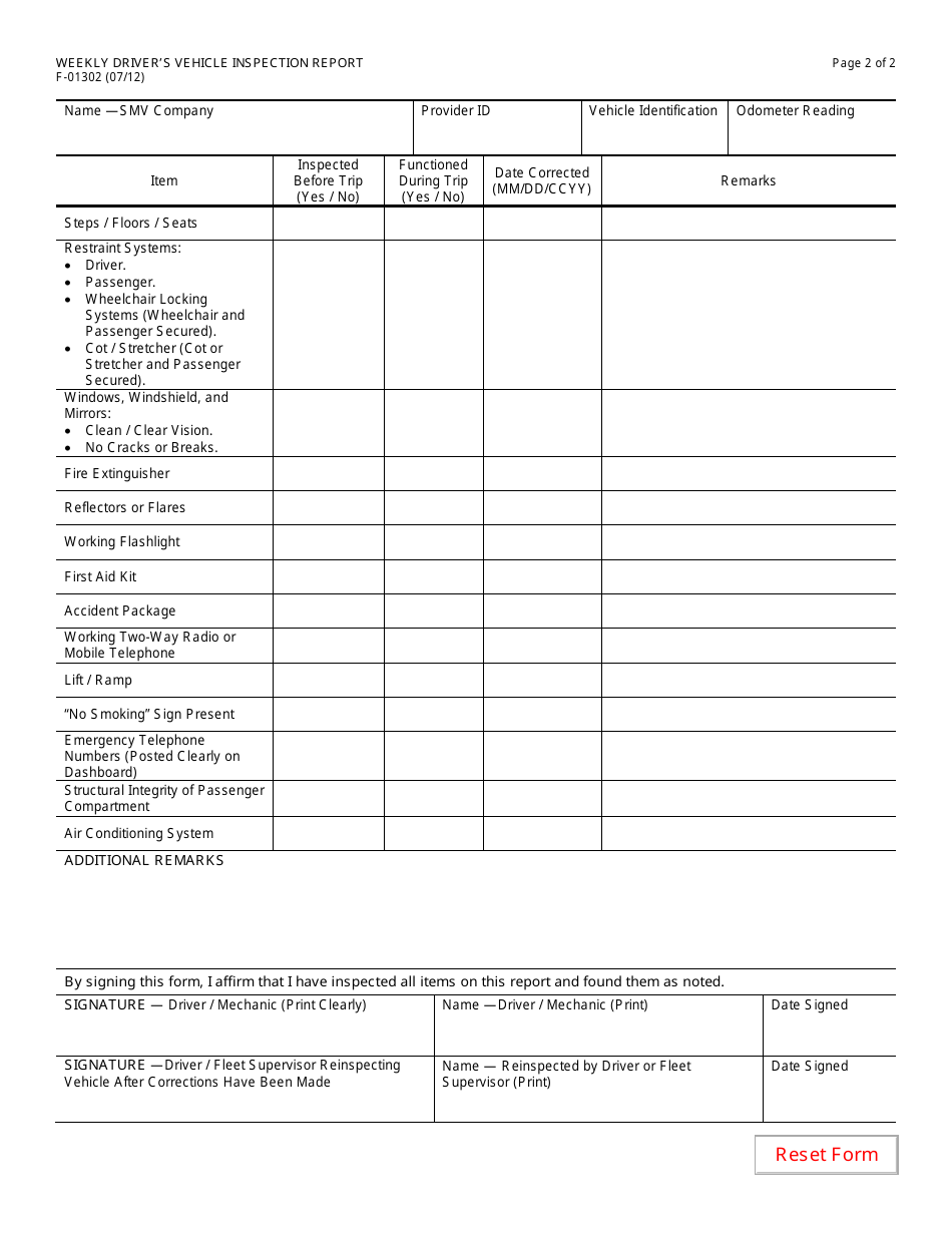 Form F-01302 Weekly Drivers Vehicle Inspection Report - Wisconsin, Page 2