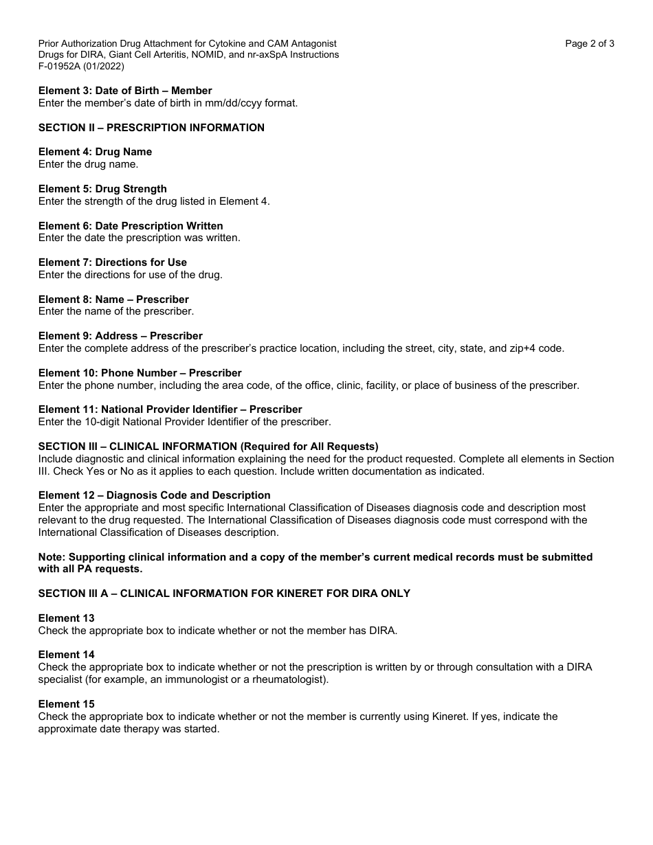 Instructions for Form F-01952 Prior Authorization Drug Attachment for Cytokine and Cell Adhesion Molecule (Cam) Antagonist Drugs for Deficiency of Interleukin-1 Receptor Antagonist (Dira), Giant Cell Arteritis, Neonatal Onset Multisystem Inflammatory Disease (Nomid), and Non-radiographic Axial Spondyloarthritis (Nr-Axspa) - Wisconsin, Page 2