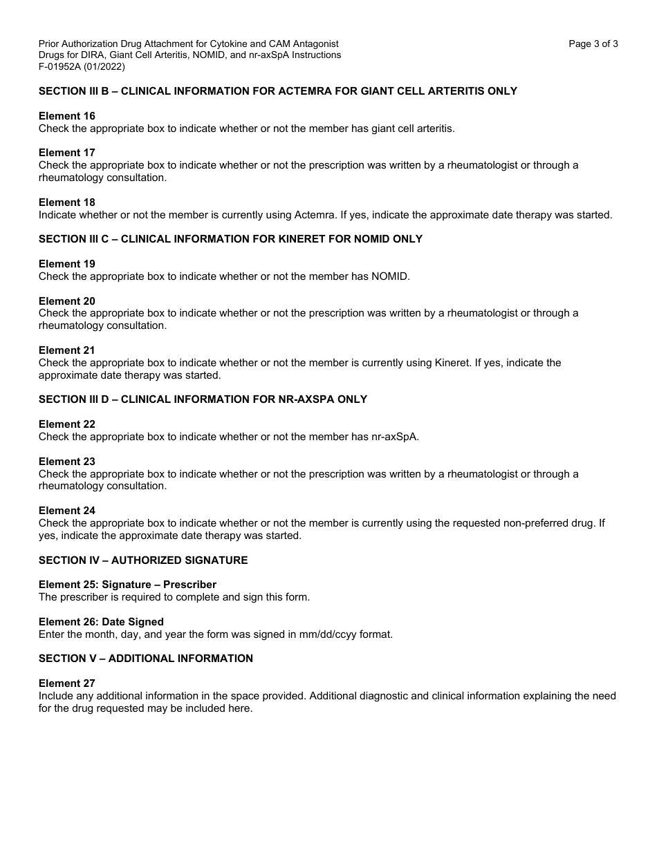 Instructions for Form F-01952 Prior Authorization Drug Attachment for Cytokine and Cell Adhesion Molecule (Cam) Antagonist Drugs for Deficiency of Interleukin-1 Receptor Antagonist (Dira), Giant Cell Arteritis, Neonatal Onset Multisystem Inflammatory Disease (Nomid), and Non-radiographic Axial Spondyloarthritis (Nr-Axspa) - Wisconsin, Page 3