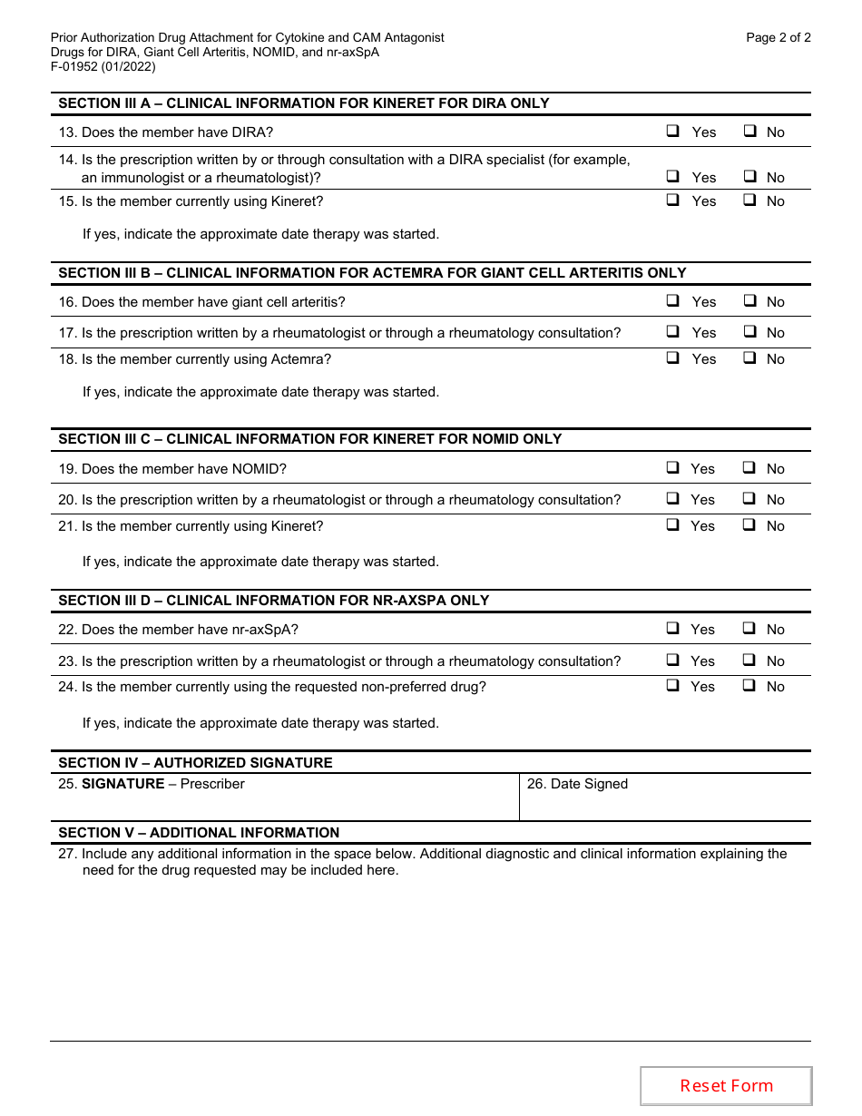 Form F-01952 Prior Authorization Drug Attachment for Cytokine and Cell Adhesion Molecule (Cam) Antagonist Drugs for Deficiency of Interleukin-1 Receptor Antagonist (Dira), Giant Cell Arteritis, Neonatal Onset Multisystem Inflammatory Disease (Nomid), and Non-radiographic Axial Spondyloarthritis (Nr-Axspa) - Wisconsin, Page 2