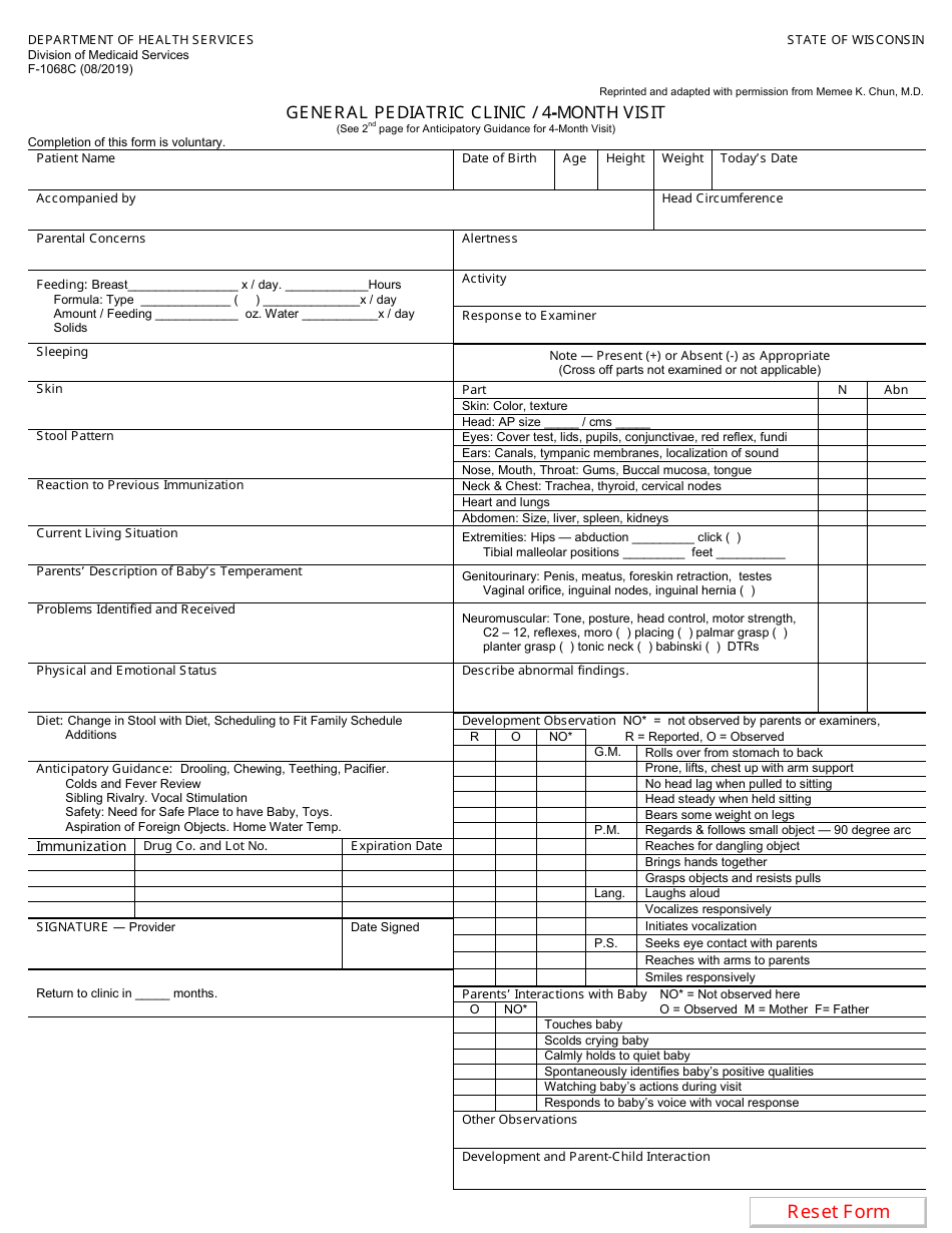 Form F-01068C General Pediatric Clinic / 4-month Visit - Wisconsin, Page 1