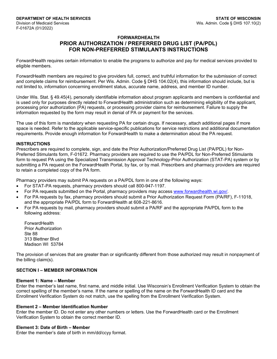 Instructions for Form F-01672 Prior Authorization / Preferred Drug List (Pa / Pdl) for Non-preferred Stimulants - Wisconsin, Page 1