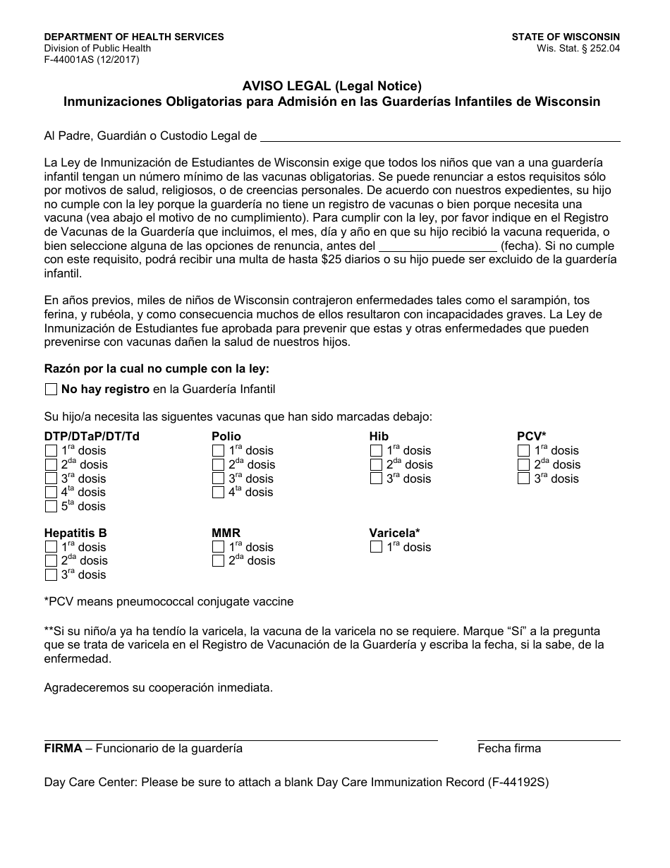 Formulario F-44001A Aviso Legal - Inmunizaciones Obligatorias Para Admision En Las Guarderias Infantiles De Wisconsin - Wisconsin (Spanish), Page 1