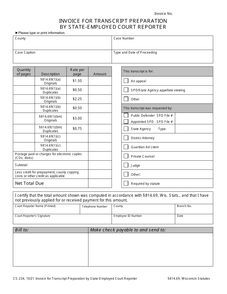 Form CS-234 Invoice for Transcript Preparation by State-Employed Court Reporter - Wisconsin, Page 1