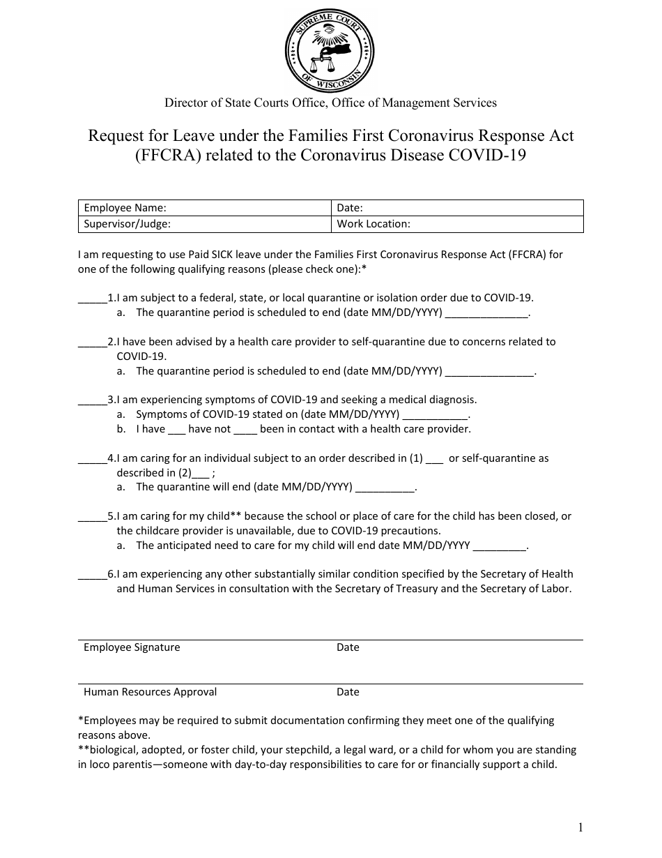 Request for Leave Under the Families First Coronavirus Response Act (Ffcra) Related to the Coronavirus Disease Covid-19 - Wisconsin, Page 1