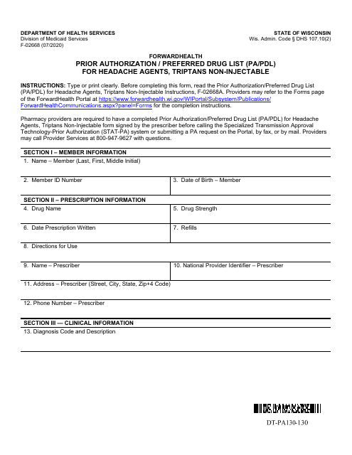 Form F-02668 Prior Authorization/Preferred Drug List (Pa/Pdl) for Headache Agents, Triptans Non-injectable - Wisconsin