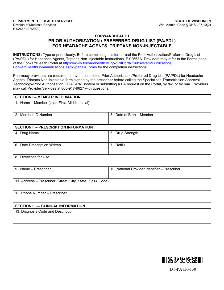 Form F-02668 Prior Authorization / Preferred Drug List (Pa / Pdl) for Headache Agents, Triptans Non-injectable - Wisconsin, Page 1