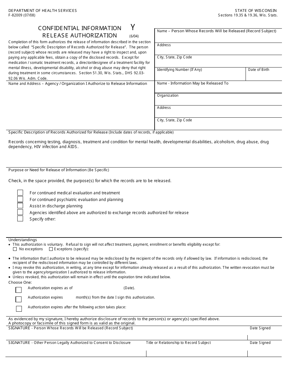 Form F-82009Y Confidential Information Release Authorization - Testing Records - Wisconsin, Page 1