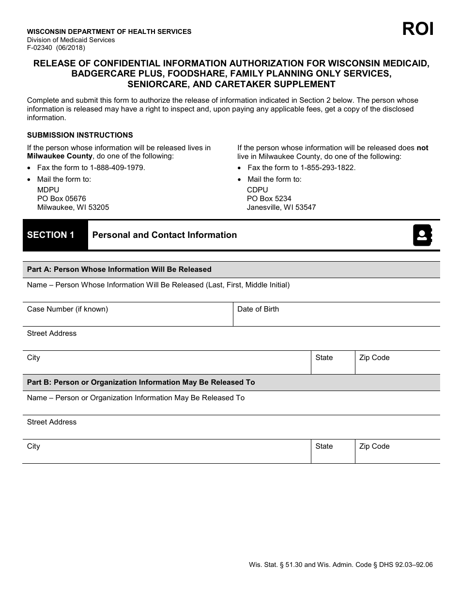 Form F-02340 Release of Confidential Information Authorization for Wisconsin Medicaid, Badgercare Plus, Foodshare, Family Planning Only Services, Seniorcare, and Caretaker Supplement - Wisconsin, Page 1