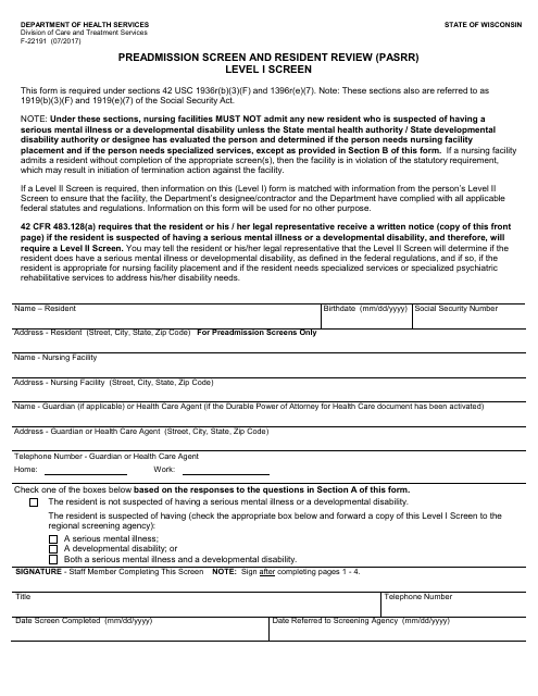 Form F-22191 Preadmission Screen and Resident Review (Pasrr) Level I Screen - Wisconsin