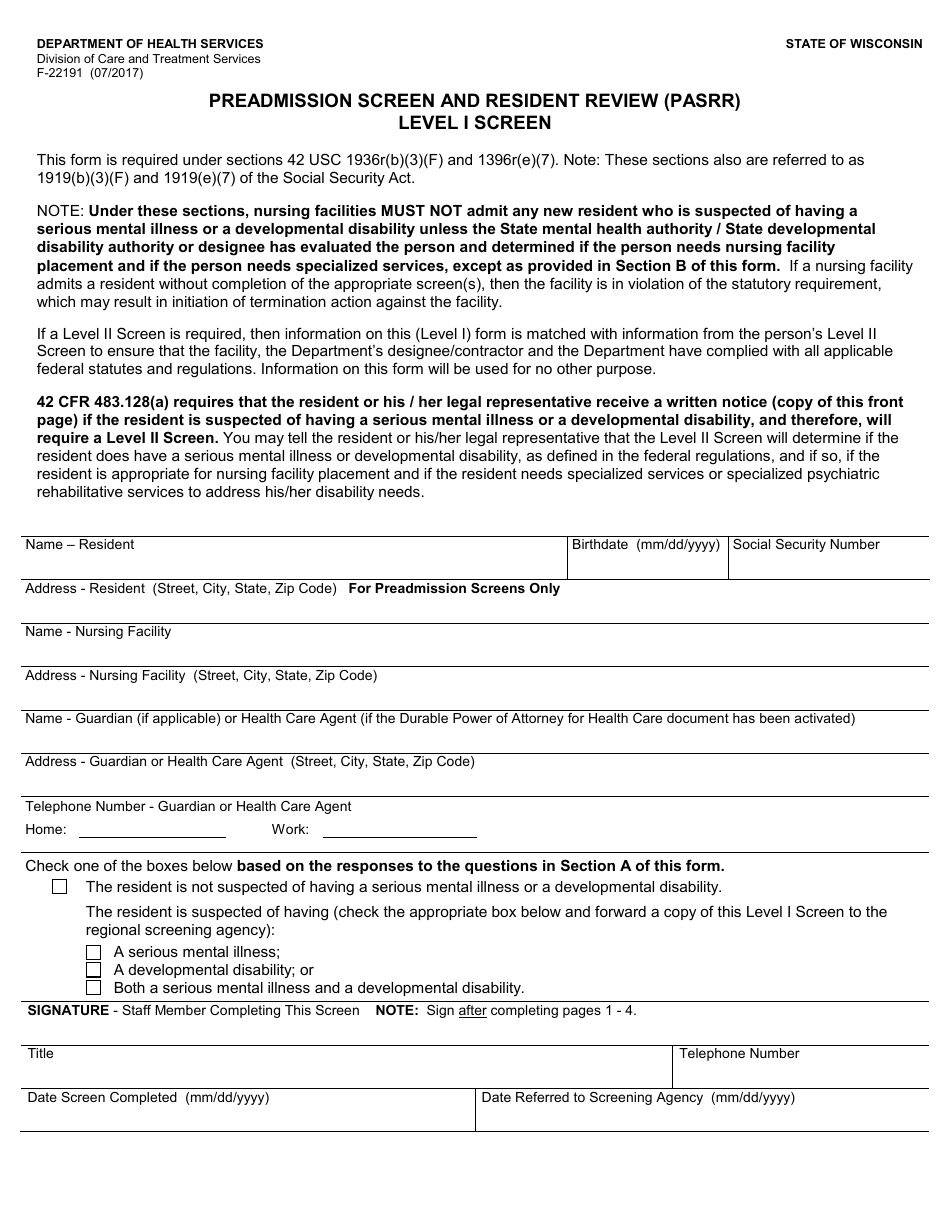 Form F-22191 Preadmission Screen and Resident Review (Pasrr) Level I Screen - Wisconsin, Page 1