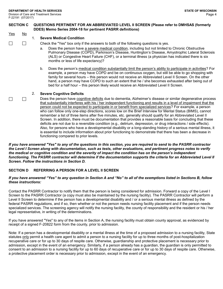 Form F-22191 Preadmission Screen and Resident Review (Pasrr) Level I Screen - Wisconsin, Page 4