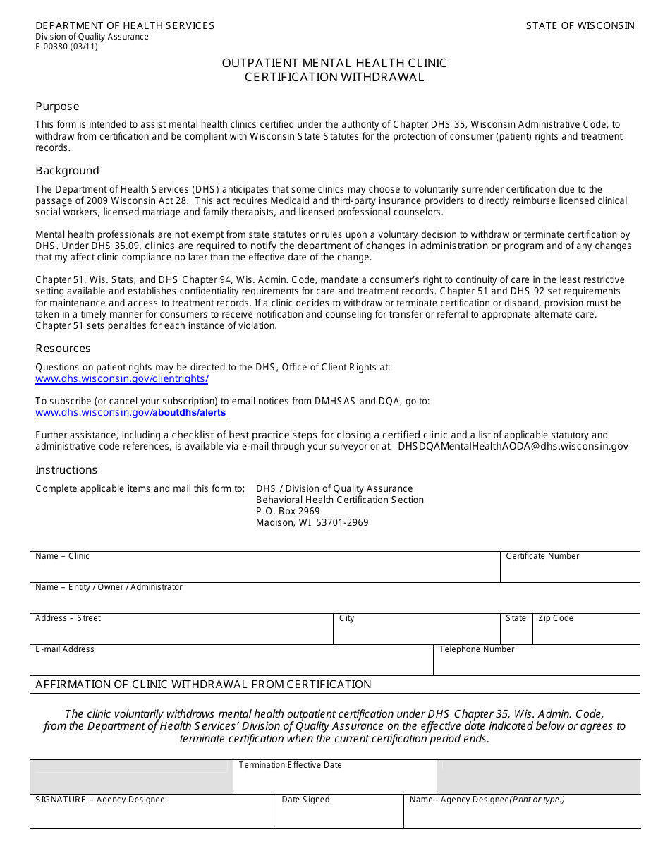 Form F-00380 Outpatient Mental Health Clinic Certification Withdrawal - Wisconsin, Page 1