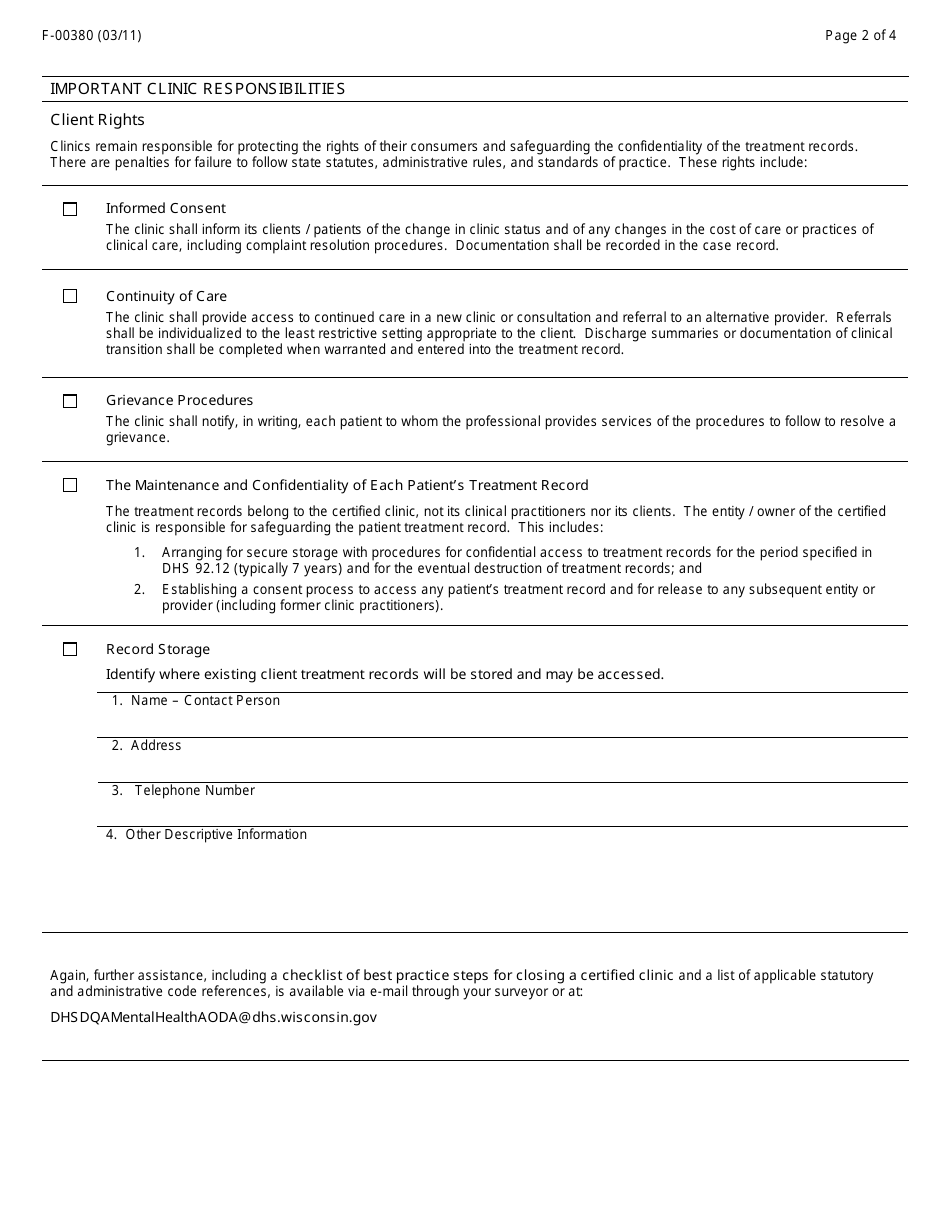 Form F-00380 Outpatient Mental Health Clinic Certification Withdrawal - Wisconsin, Page 2