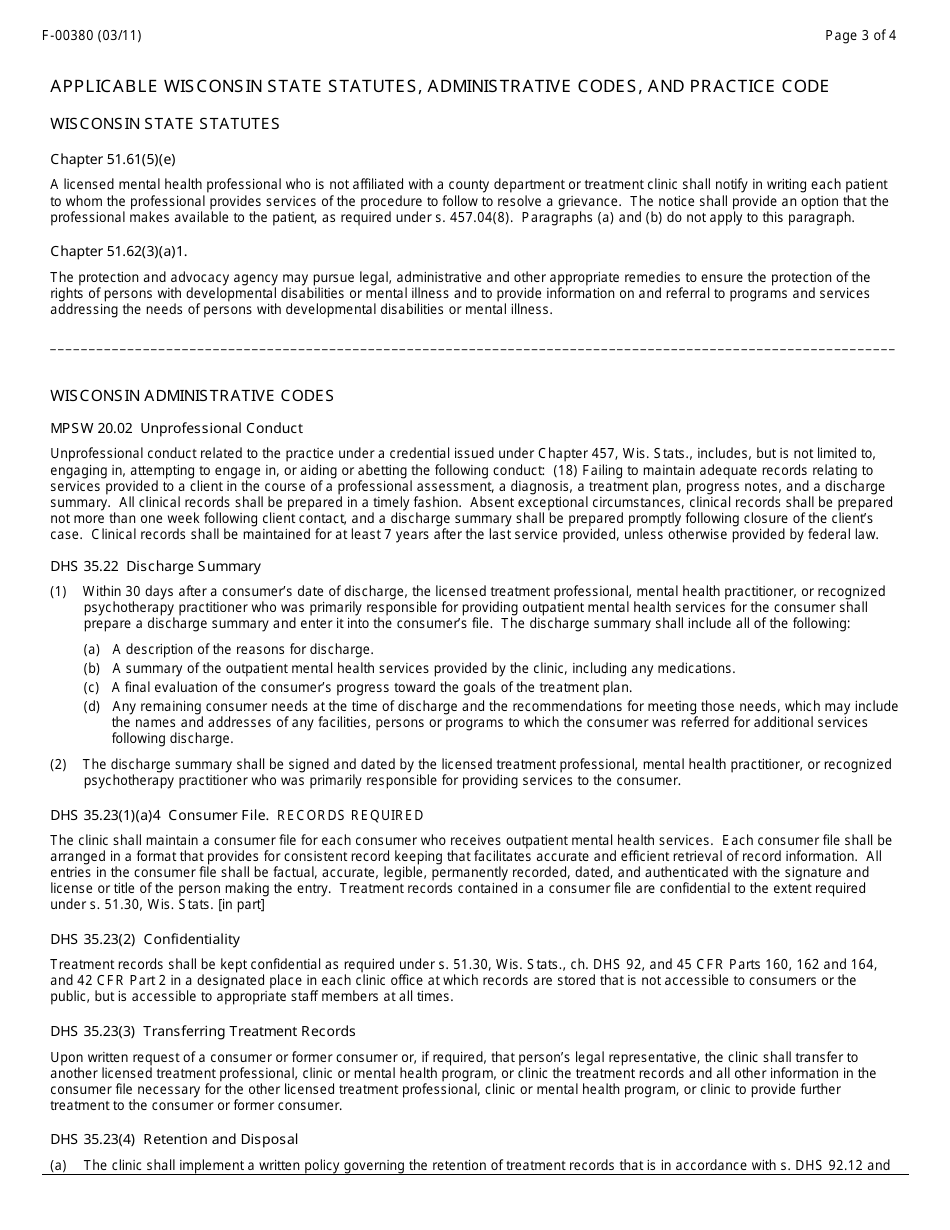 Form F-00380 Outpatient Mental Health Clinic Certification Withdrawal - Wisconsin, Page 3
