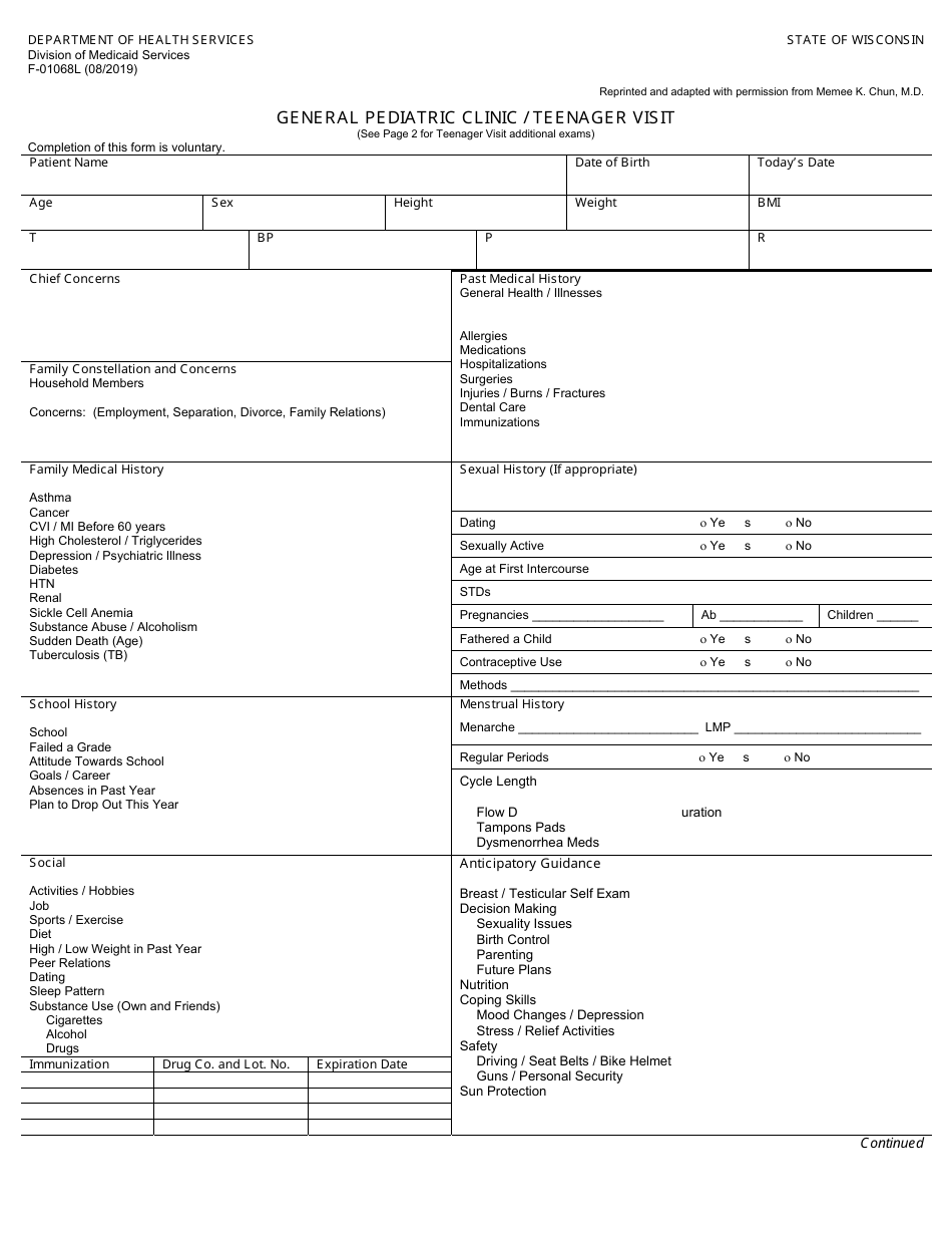 Form F-01068L General Pediatric Clinic - Teenager Visit - Wisconsin, Page 1