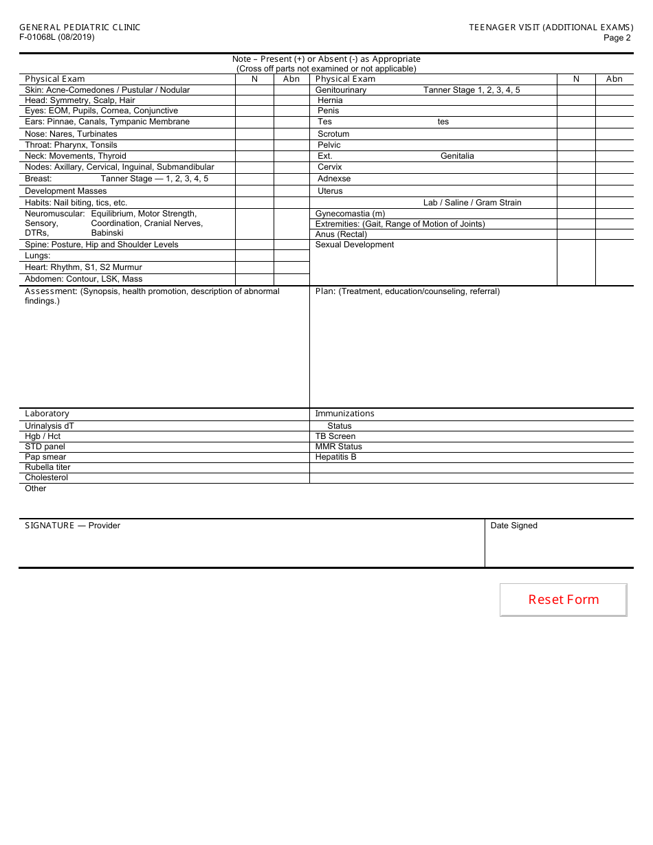 Form F-01068L General Pediatric Clinic - Teenager Visit - Wisconsin, Page 2