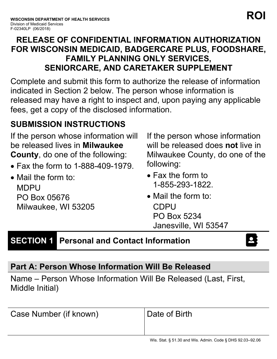 Form F-02340 Release of Confidential Information Authorization for Wisconsin Medicaid, Badgercare Plus, Foodshare, Family Planning Only Services, Seniorcare, and Caretaker Supplement (Large Print) - Wisconsin, Page 1