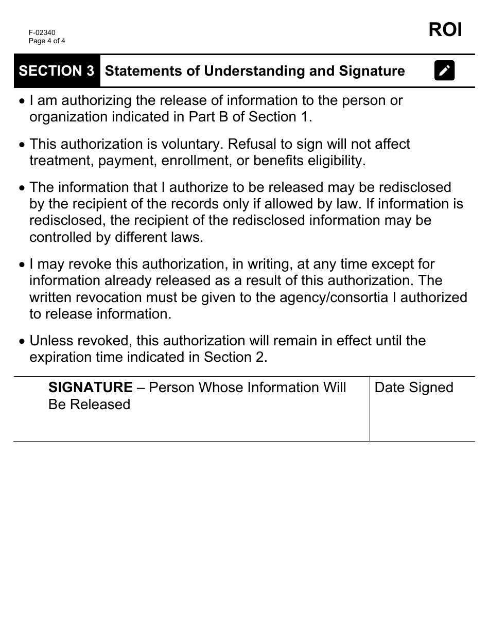 Form F-02340 Release of Confidential Information Authorization for Wisconsin Medicaid, Badgercare Plus, Foodshare, Family Planning Only Services, Seniorcare, and Caretaker Supplement (Large Print) - Wisconsin, Page 4
