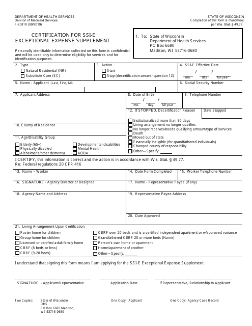 Form F-20818 Certification for Ssi-E Exceptional Expense Supplement - Wisconsin