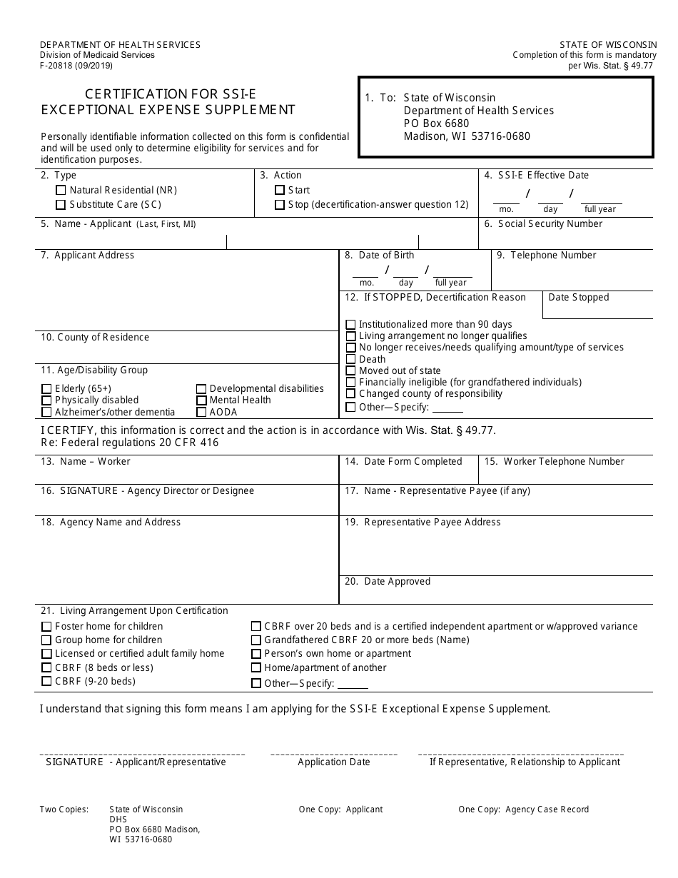 Form F-20818 Certification for Ssi-E Exceptional Expense Supplement - Wisconsin, Page 1