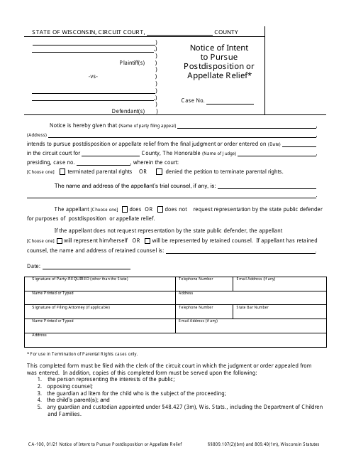 Form CA-100 Notice of Intent to Pursue Postdisposition or Appellate Relief (Tpr Cases) - Wisconsin