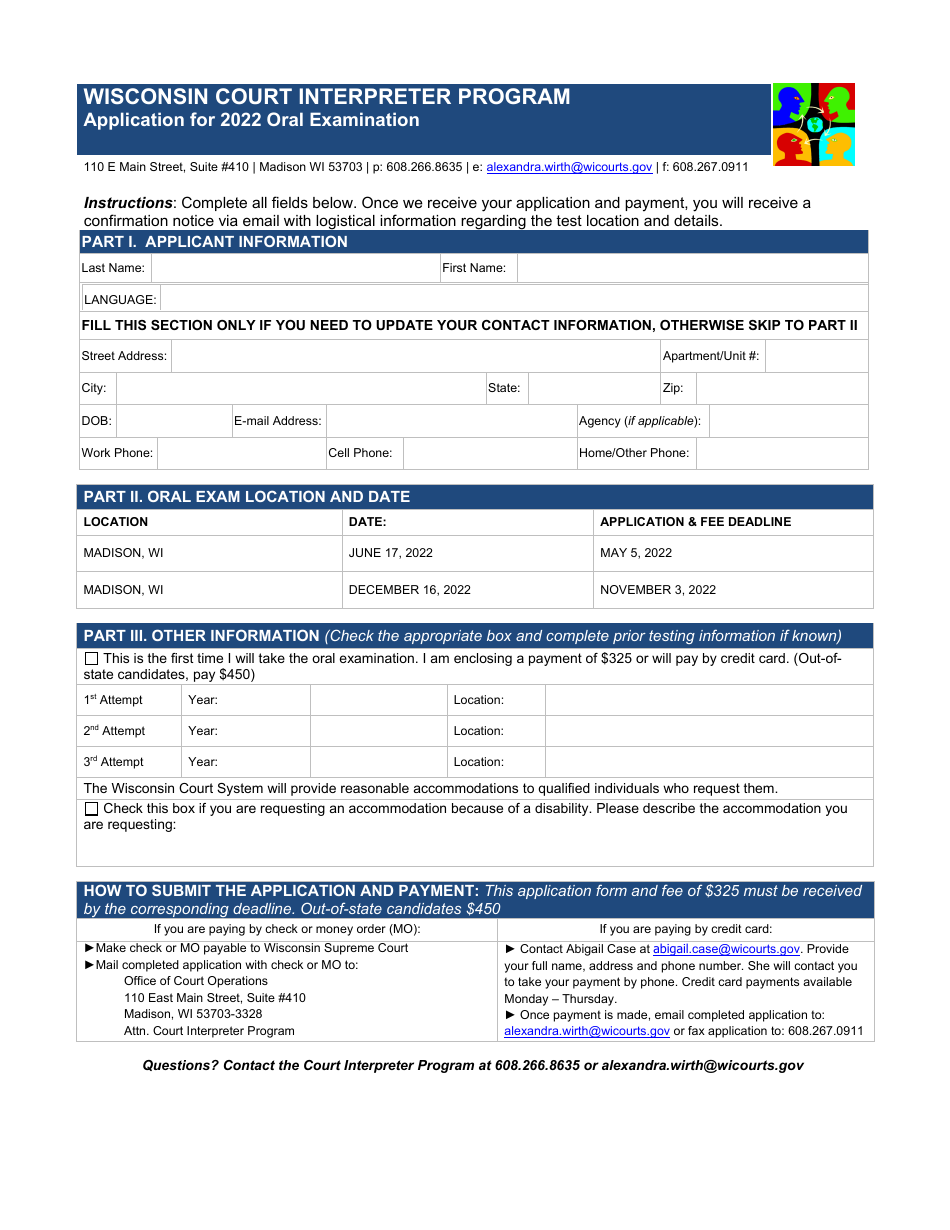 Application for Oral Examination - Court Interpreter Program - Wisconsin, Page 1