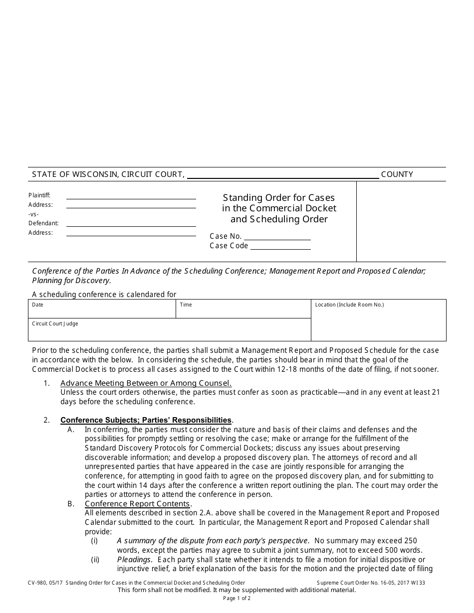 Form CV-980 Standing Order for Cases in the Commercial Docket and Scheduling Order - Wisconsin, Page 1
