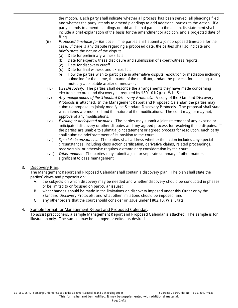 Form CV-980 Standing Order for Cases in the Commercial Docket and Scheduling Order - Wisconsin, Page 2